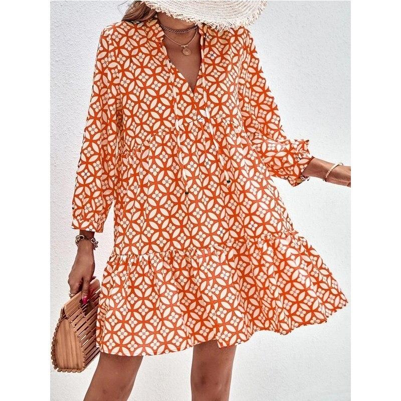 2026 V-neck Print A-line Women Dress Vintage Long Sleeve Ruffled Summer Short Dresses Lace-up Lady Casual Beach Boho Dress 28719