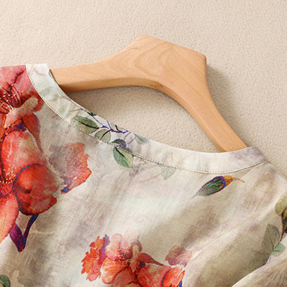 Women Casual Shirt Round Neck 3/4 Sleeves Colorful Flower Printed Blouse Bohemia Style Beach Shirt Streetwear