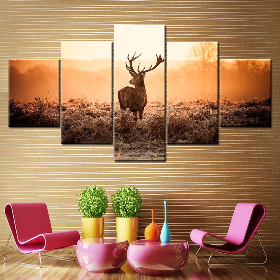 5-Piece Canvas Painting Set - Deer & Sunset View Animal Landscape Wall Art Modular Poster Print for Living Room Home Decor