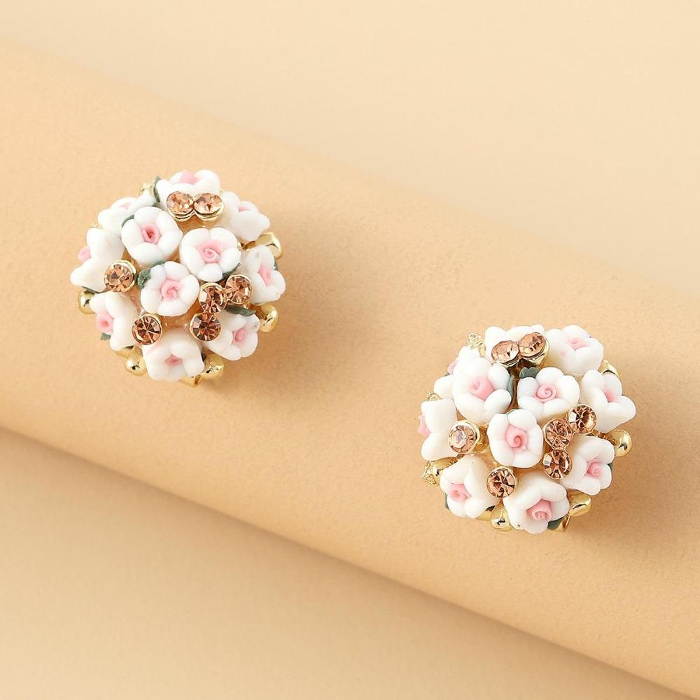Romantic Ceramic Flower Rose Diamond Alloy Earrings Temperament Ear Buckle Exquisite Stud Earrings Jewelry Popular