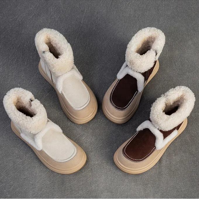 Johnature Warm Genuine Leather Snow Boots With Thick Bottom And Inner Wool Women's Short Boots