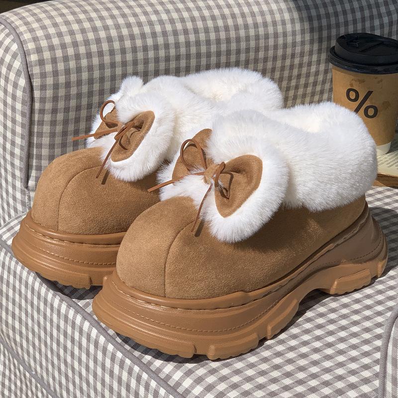 Mingsheng's New Cute Bow Autumn and Winter Fluffy Versatile Bag Head Cotton Shoes with Velvet Thick-soled Snow Boots