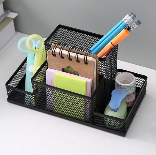 Mesh Desk Organizer Office Supplies Caddy with Pencil Holder and Storage Baskets for Desktop Accessories, 3 Compartments, Black