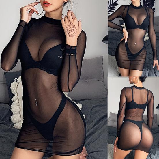 Women Sexy Solid Color Long Sleeve See Through Sheer Nightwear Bodycon Dress