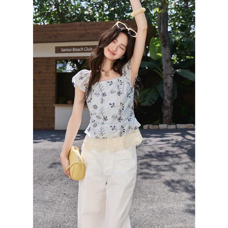 French Retro Embroidered Tencel Blouse