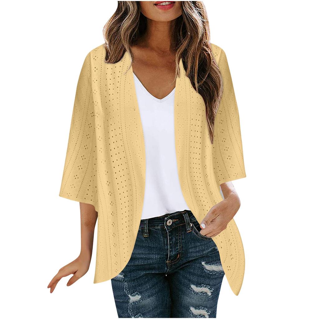 Veste Cardigan Décontractée Mode Femme à Manches Sept Partagées Couleur Unie