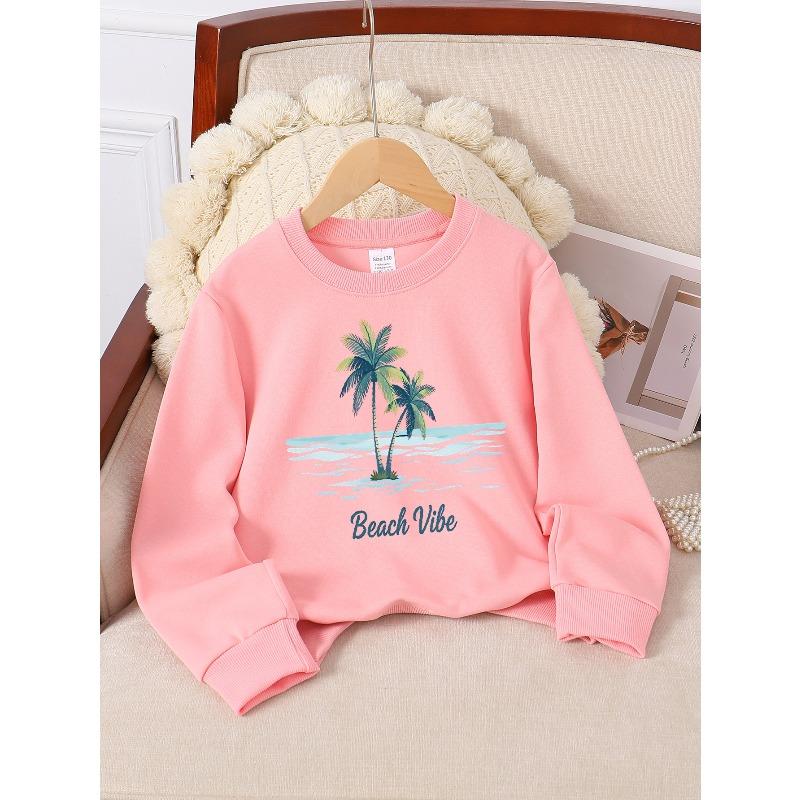 Kids Long‑Sleeve Crewneck Sweatshirt, Beach Vibe Palm Trees Ocean Print,Daily Casual Top for Spring & Autumn