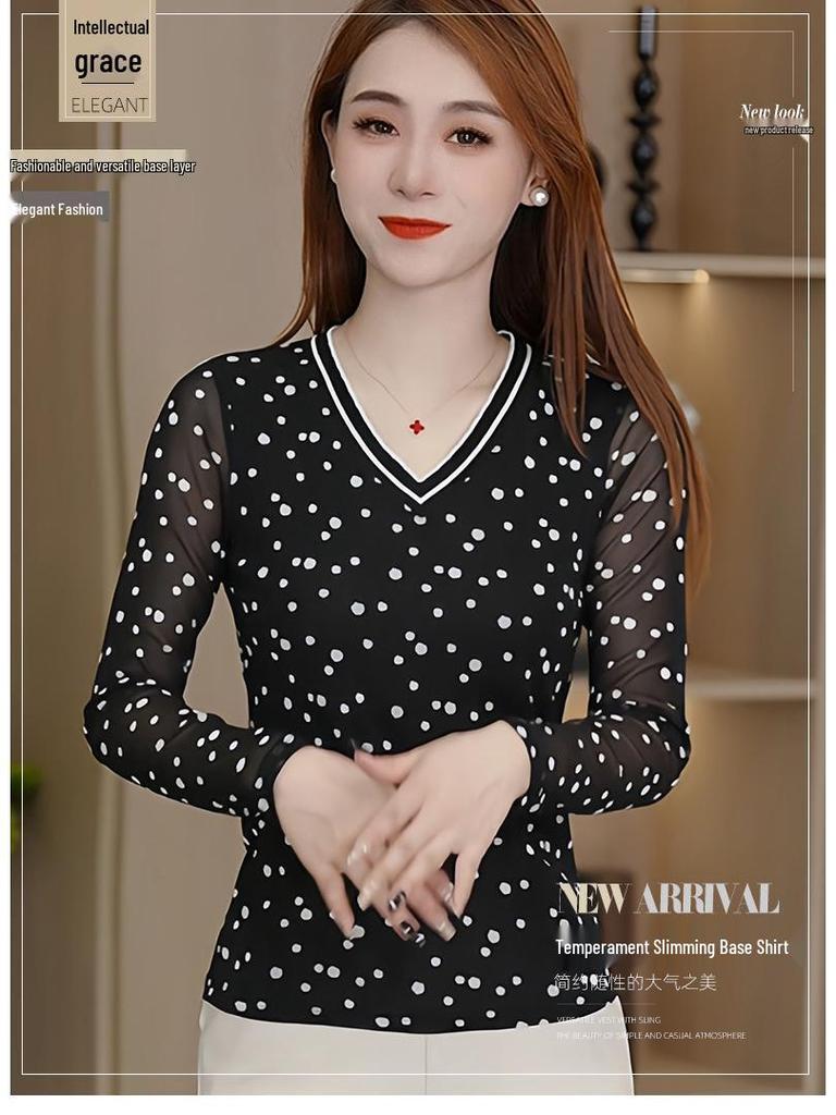 Polka Dot V-Neck Mesh Long Sleeve Pullover - Versatile Women's Fashion Top
