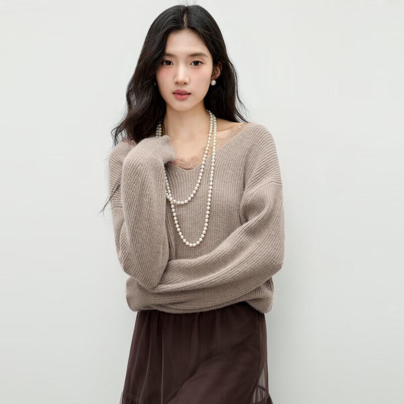 

Women s V-Neck Lace Trim Knit Sweater M