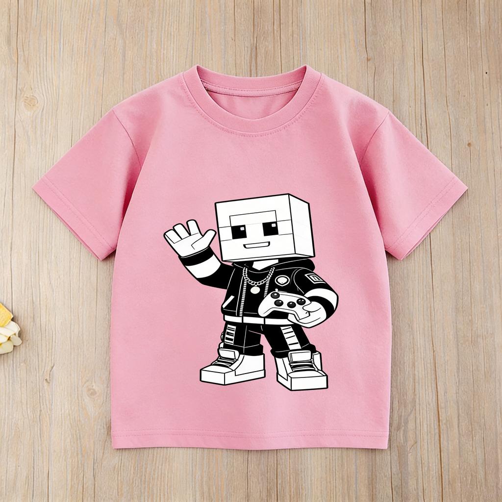 Kids Roblox Black Tshirt Gold Character Print Short Sleeve Casual Tee for Boys Girls