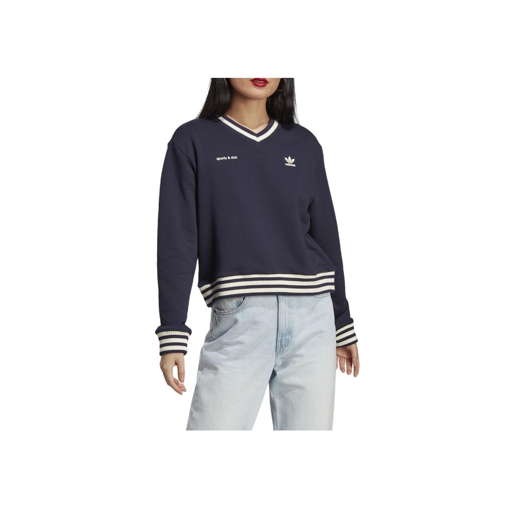 Adidas Originals Sporty & Rich X  SS23 Logo Print Cropped V-Neck Sweater Women Tops Black IN5246