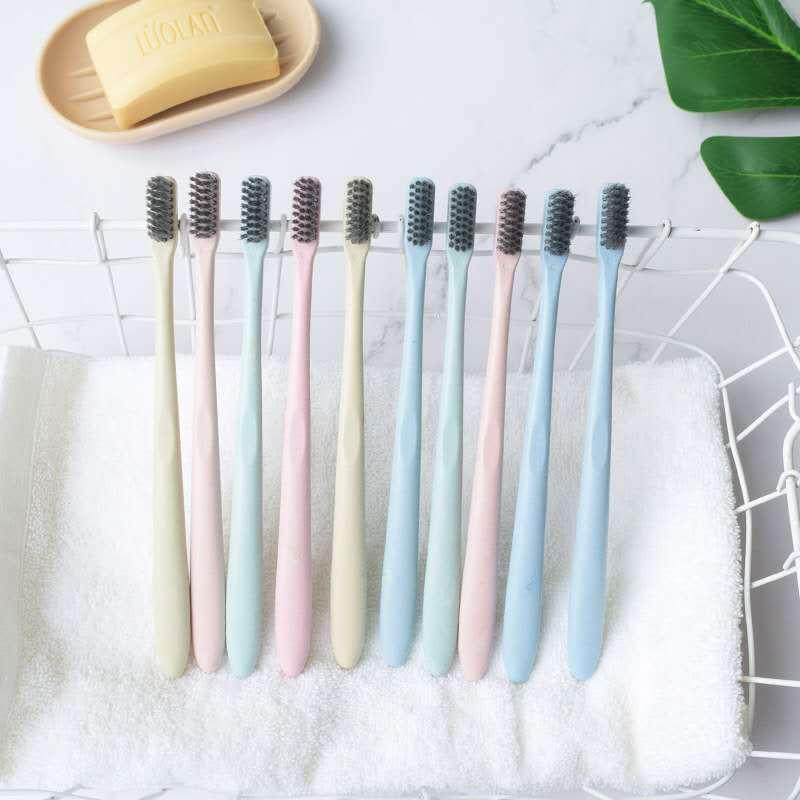 10-Pack Wheat Straw Bamboo Toothbrushes with Soft Charcoal Bristles, Ideal for Couples.