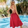 Ladies Summer Solid Color Backless Casual Spaghetti Strap Sleeveless Holiday Beach Dress