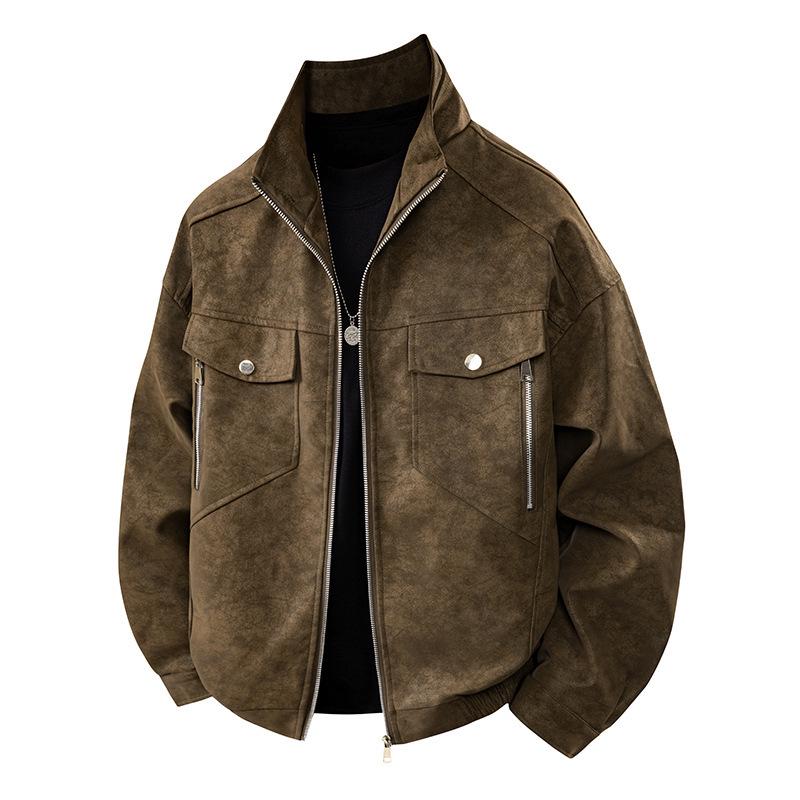 Men's Gray PU Leather Stand Collar Retro Workwear Jacket for Spring/Autumn