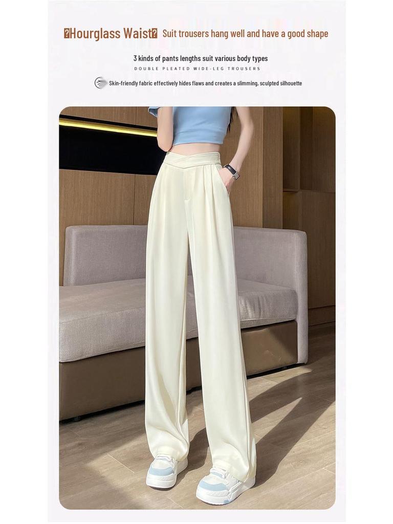 Women's Casual Ice Silk Pleated High-Waisted Pants - Summer Petite, Thin & Slimming Suit Pants