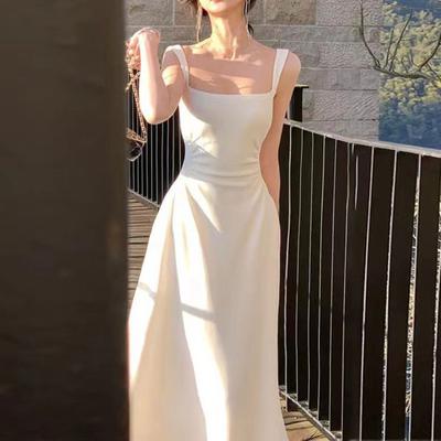 Evening Party Women Dress Low-cut Square Neck Sleeveless High Tight Waist A-line Pleated Solid Color Frence Style Ankle Length Prom Banquet