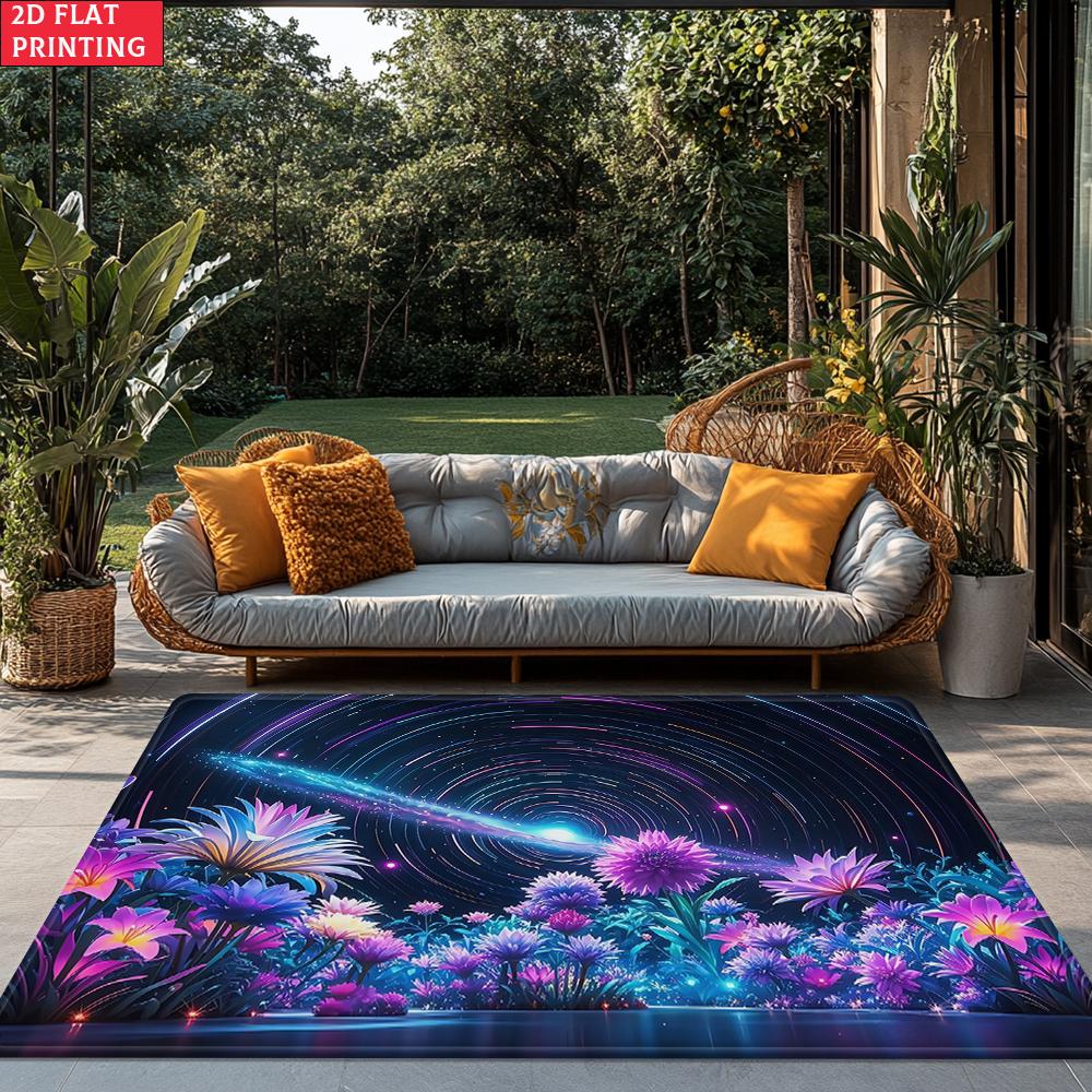 Galaxy Lila Floral Sternenklare Nacht Teppich, Moderner Abstrakter Weltraumteppich für Sofa Couchtisch, Waschbare Heimdeko Matte