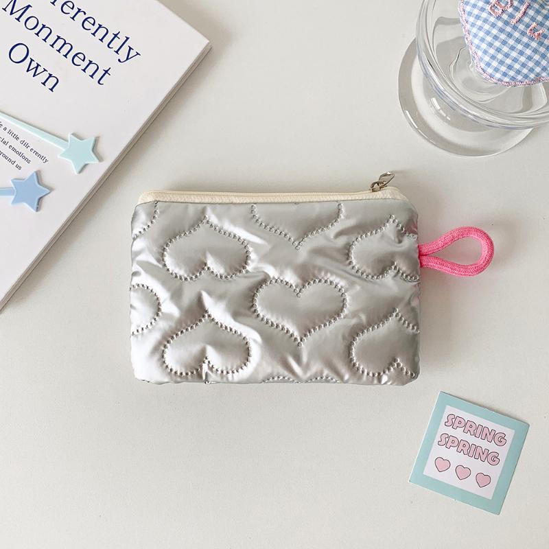 Love Heart Bow Coin Purse Cosmetic Pouch Zipper Sanitary Pad Pouch Portable Card Holder Earphone Data Cable Key Lipstick