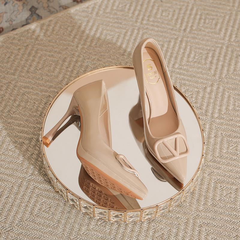Nackte V-Schnalle High Heels Damen wasserdicht Tisch spitze Zehen dünner Absatz leichter Mund Einzelne Schuhe elegantes Temperament vielseitige Damenschuhe
