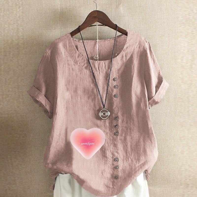 Women's Fashion Round Neck Short Sleeve T-shirt Casual Cotton Linen Graphic Shirt Leisure Loose Pink Love Prined Summer Blouse Tops