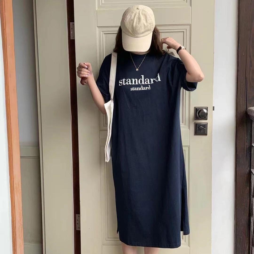 

Loose-fitting Large-sized Round-neck Short-sleeved T-shirt Skirt, Long Summer New Style Laid-back Dress, Women s Over-the-knee Nightgown M чорний