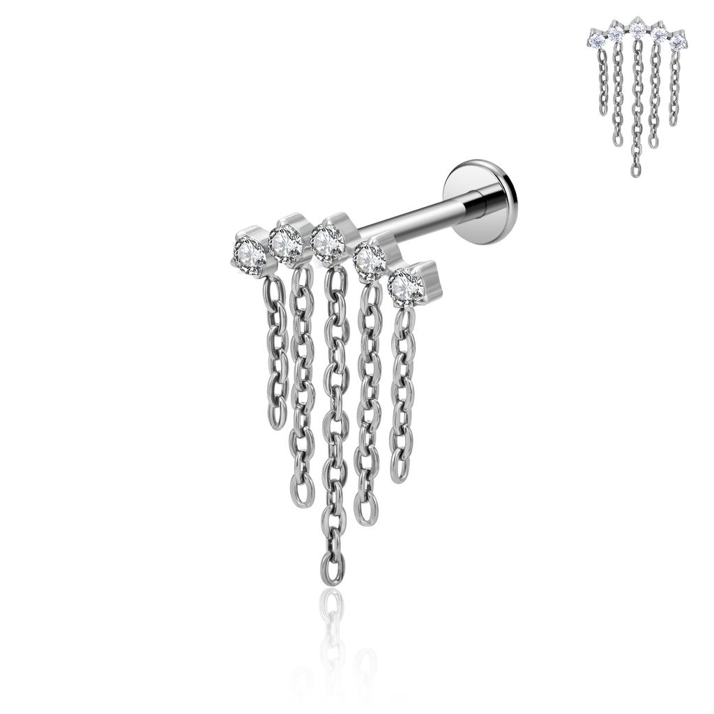  Earring Implant Grade ASTM F136 Titanium Zircon Chains Dangle Internally Threaded Top Nose Rings Body Piercing Jewelry