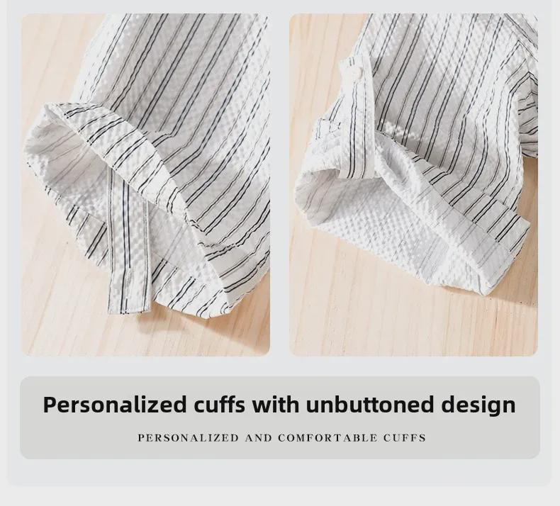Men's Summer Striped Short-Sleeve Shirt with Bubble Texture - Trendy and Comfortable, Five-Point Sleeves 944