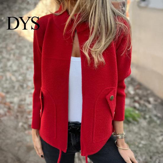 Women Casual Jacket Stand Collar Long Sleeve Woolen Coat with Pockets Solid Color Warm Lightweight Daily Wear Winter