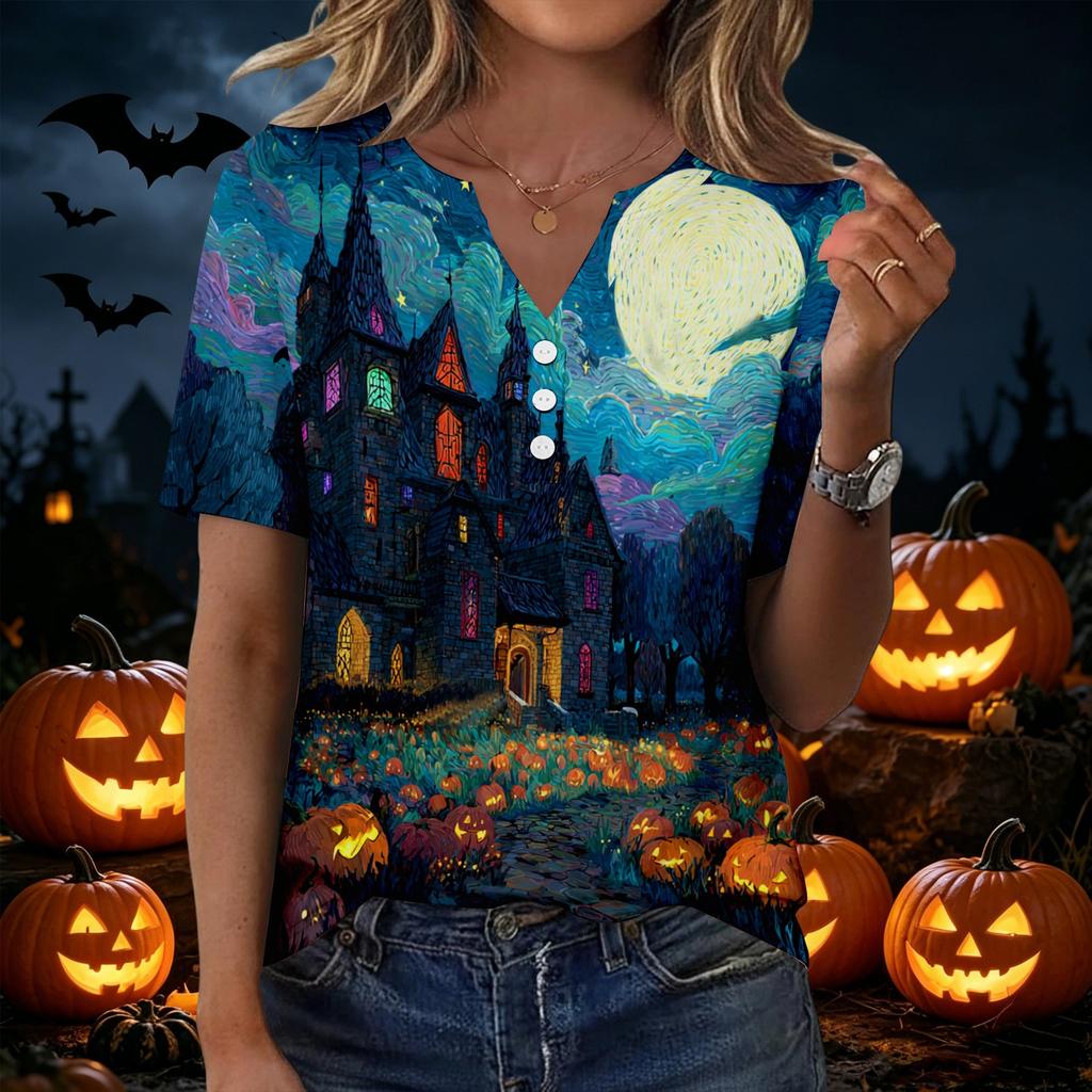 Women's Casual Halloween Print V Neck Short Sleeve Button Detail T Shirt Top Suitable for Everyday Wear and Seasonal Events