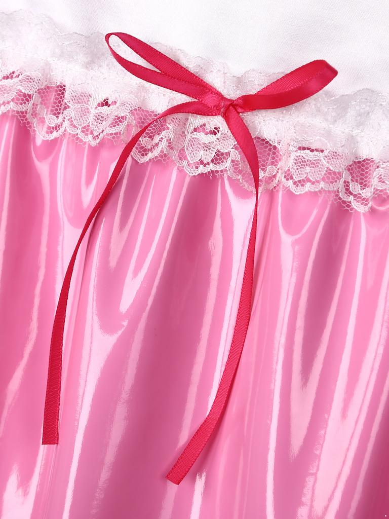 Costume cosplay da uomo Sissy Maid Crossdresser pagliaccetto con finiture in pizzo manica a sbuffo body con cerniera body in pelle verniciata