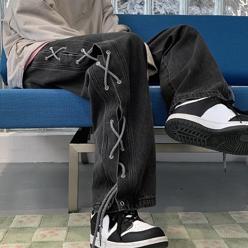 Cross Ribbon Jeans Men's Baggy Denim Pants Y2K Gothic Streetwear Korean Clothing Male Trousers
