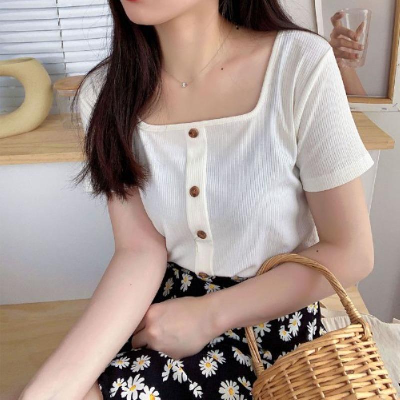 Retro Summer Slim Short Section Square Neck Knit Shirt Short-sleeved T-shirt Female Yankee Heart Machine Exposed Collarbone Tops Casual Pullovers Tees