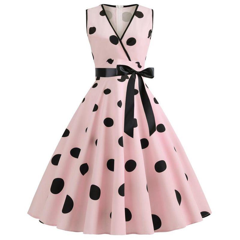 

Z Cross-Border Women s Clothing Supply New Summer Hot Sale Fashion V Neck Sleeveless Polka-Dot Self-Tie Waist-Tight Retro Big Swing Dress Pink L