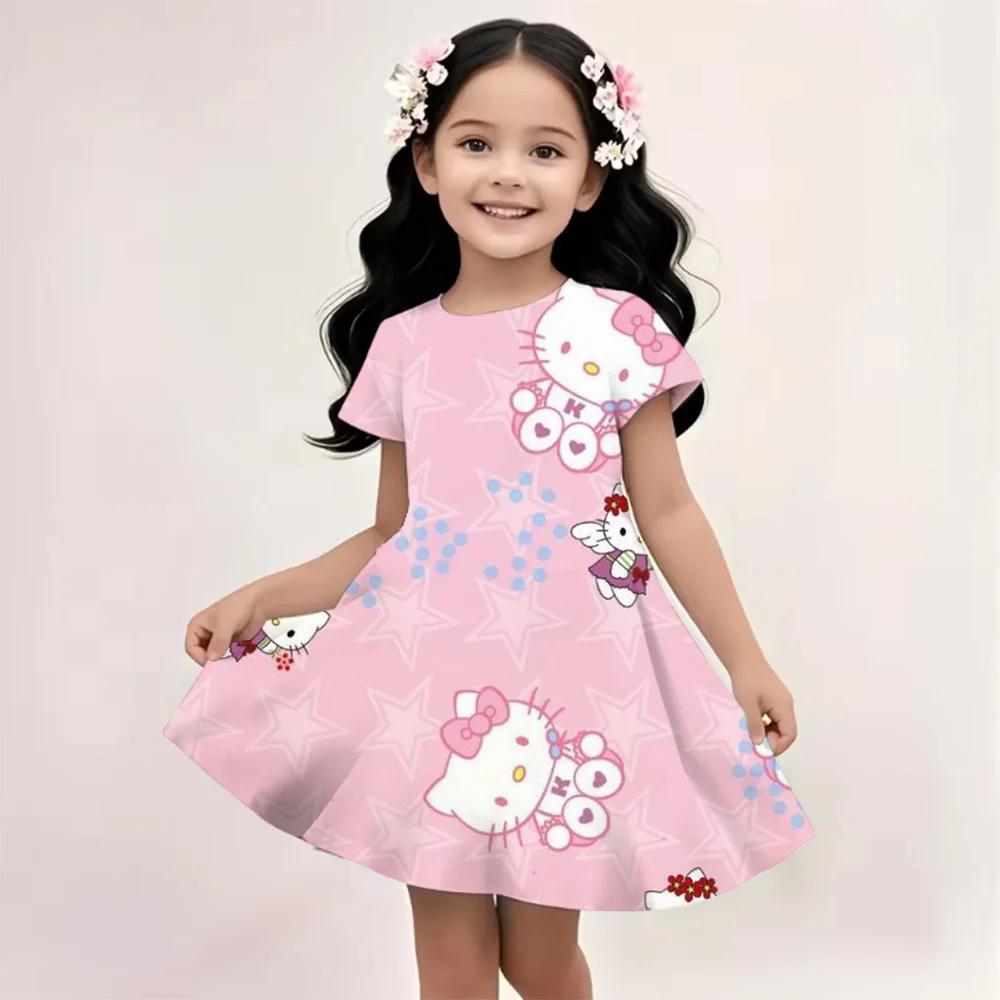 Sanrio New Summer Girls Dress Hello Kitty 3D Printed Fashionable Cartoon Cute Princess Girls Clothes Skirt Party Boys Kitty Cat