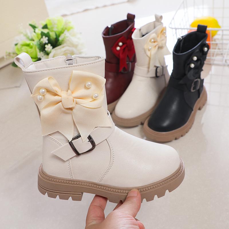 Dziewczęce Kalosze Dziecięce Modne Buty Kokarda z Metalową Klamrą Boczny Zamek Gumowa Podeszwa Jesień Zima 2024 Nowe Słodkie Słodkie