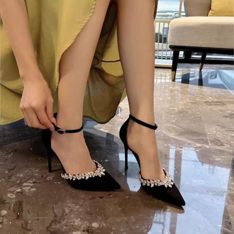 New Single Shoes Spring New Pointed Head Shallow Mouth Suede Sequin Metal Buckle A Line with Non-slip High Heels