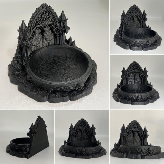 Gotische Kasteel Sieradenbakje Donkere Middeleeuwse Stijl PLA Decoratiebakje met Gedetailleerd Beeldhouwwerk & Boogontwerp Multifunctionele Organizer voor Ringen