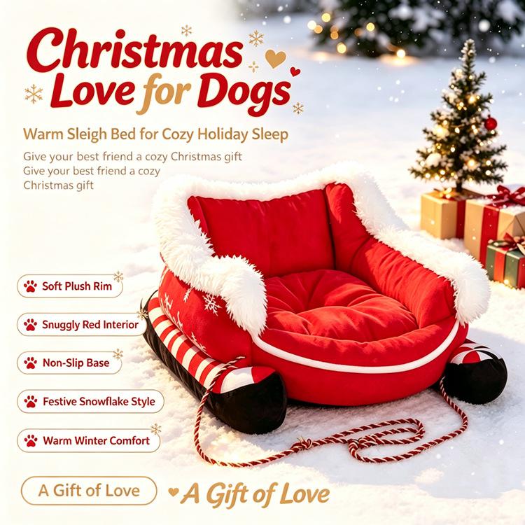 Christmas Sleigh Dog Sofa Bed Winter Warm Soft Plush Cat Lounge Mat Removable Washable Pet Sleeping Couch for Small Medium Dogs