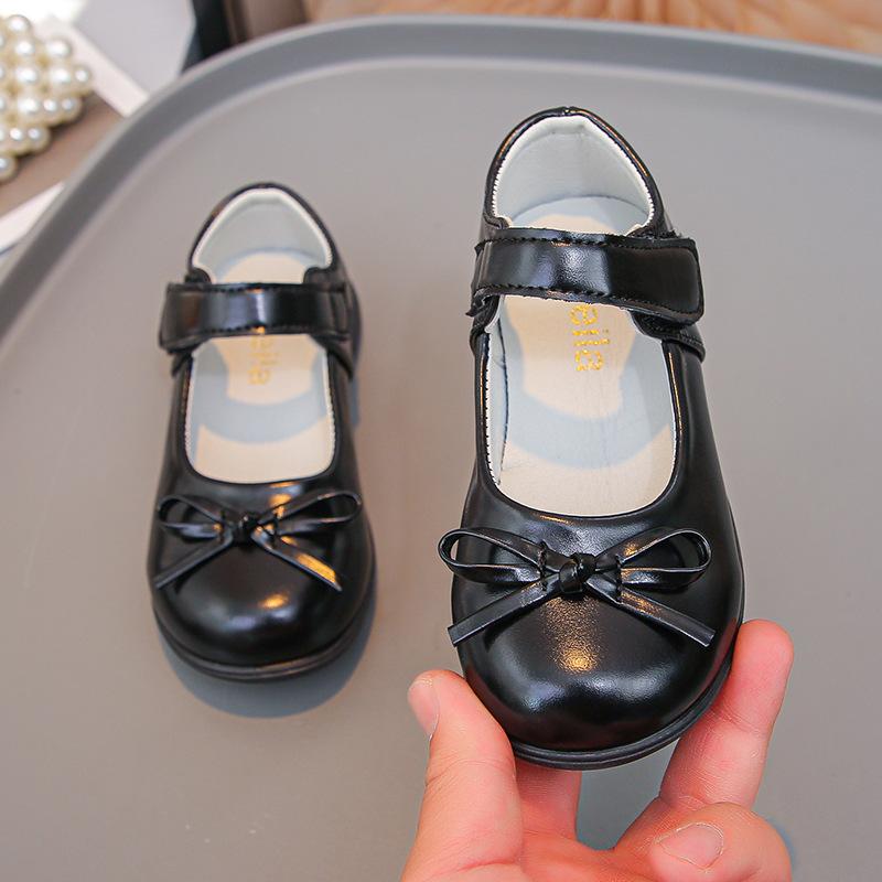 Girls Leather Shoes Black Simple Bows Students School Shoes Non-slip Soft Sole 2025 Fashion Children Performance Shoes Hook&loop
