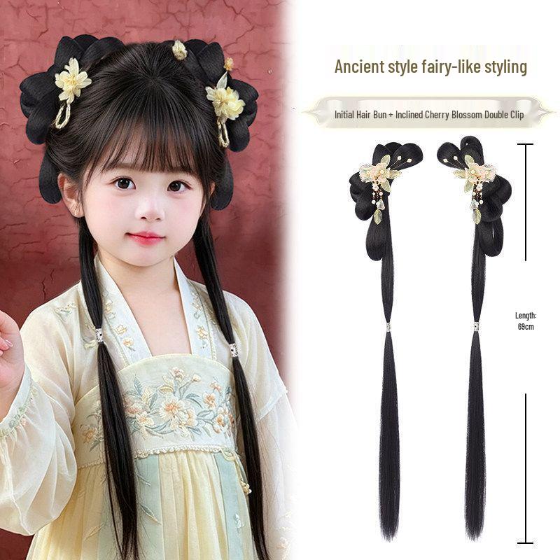 Girls' Hanfu Wig: Ancient Headdress, Children's Bun Bow Updo