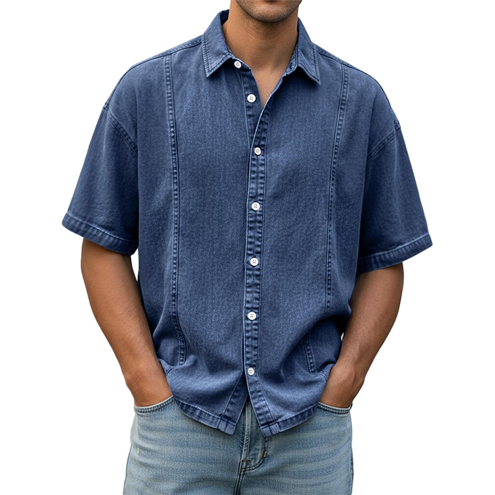 

Men Short Sleeve Denim Shirt Button Down Loose Fit Casual Top with Collar and Chest Pocket for Everyday Wear XL Темно-синій