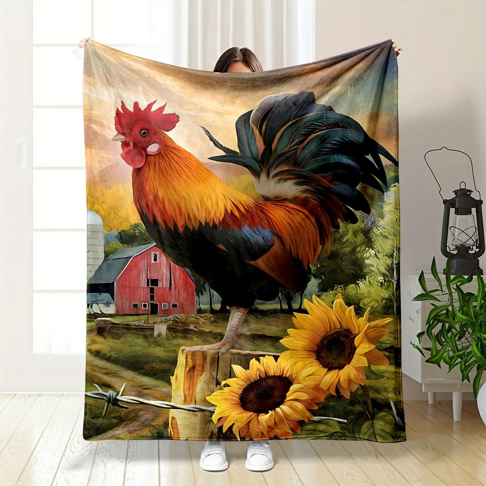 "Colorful Rooster On Farm with Sunflowers" Patterned Flannel Blanket Perfect for the Bedroom Living Room, Sofa, or a Little Nap