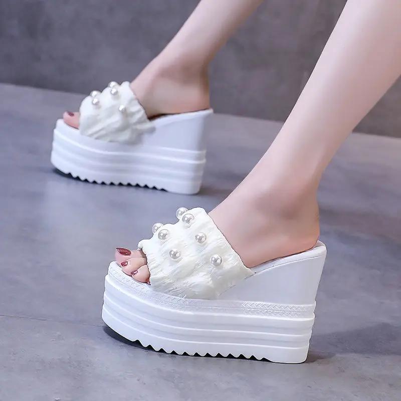 

High Heels Ladies Slippers Women Casual Wedges Platform Shoes Fashion Open Toe Height Increasing Woman Beach Slide Slippers 34 белый