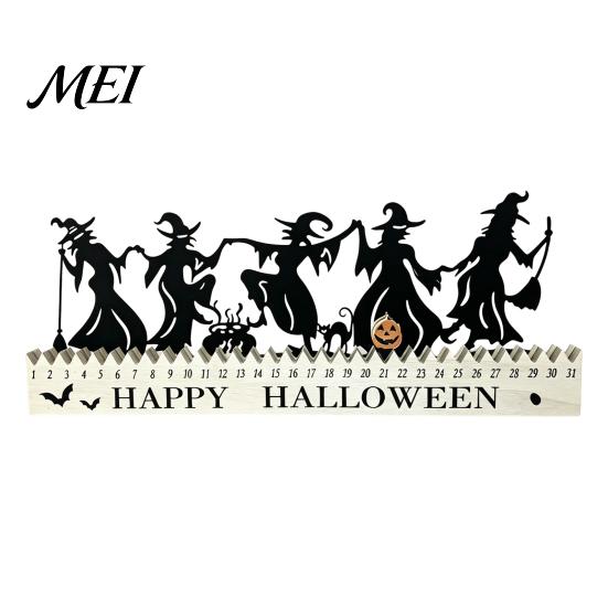 Halloween Gift for Kids Wooden Countdown Calendar, Dancing Witch 31 Day Timer with Advent Calendar Sliding Pumpkin, Spooky Silhouette Tabletop