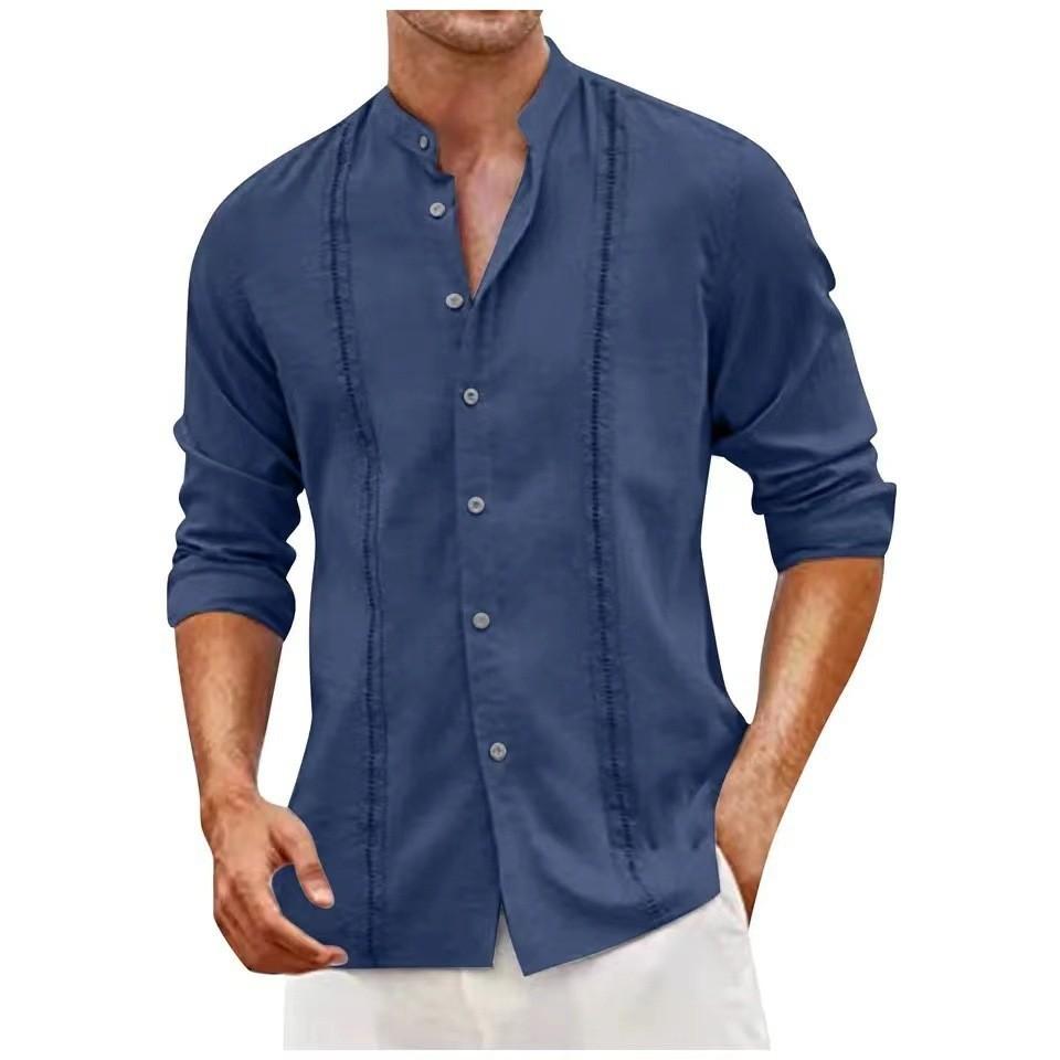 

Men s Slim Fit Long Sleeve Stand Collar Casual Shirt with Decorative Stitching in Blue, Navy, Beige, and Olive XXXL