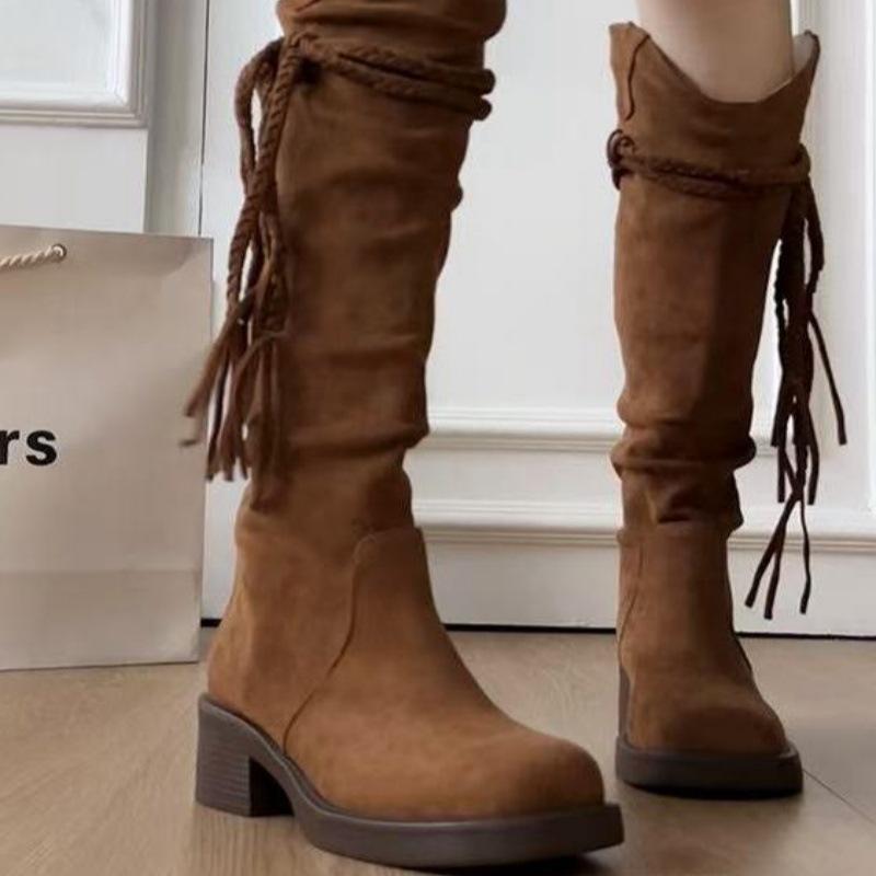 2025 Herbst Retro Stiefel Quasten Ritterstiefel Damen Dicke Ferse Aber Kniestiefel Schmale Plüschstiefel Hohe Stiefel Damen