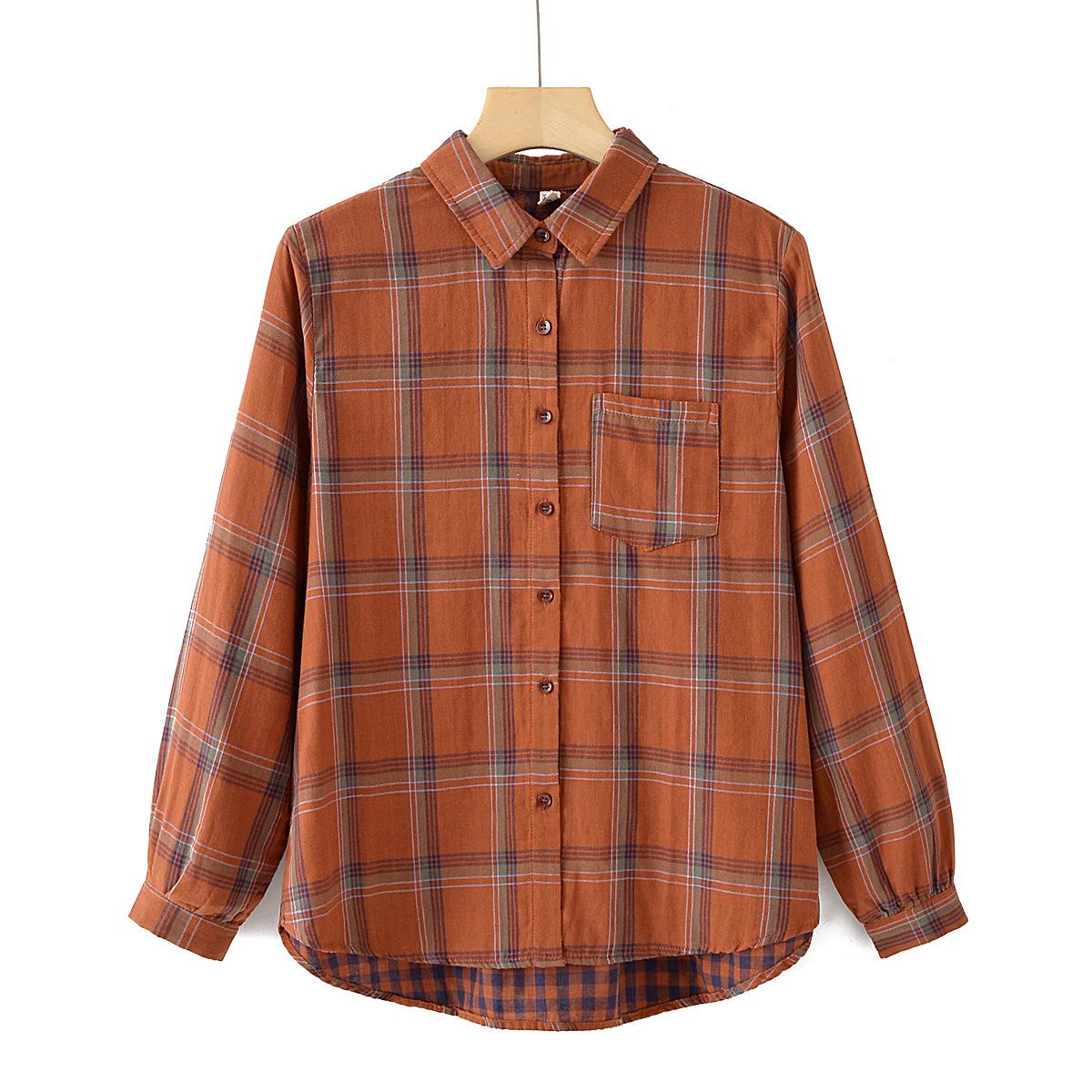 Plus Size Women s Retro Pure Cotton Long Sleeve Plaid Cardigan Shirt 2XL коричневый