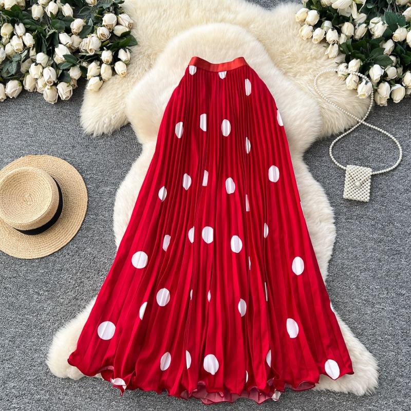 Retro big wave point pleated skirt high-end skirt women s spring new high-waisted A-word pendant skirt one size fits all