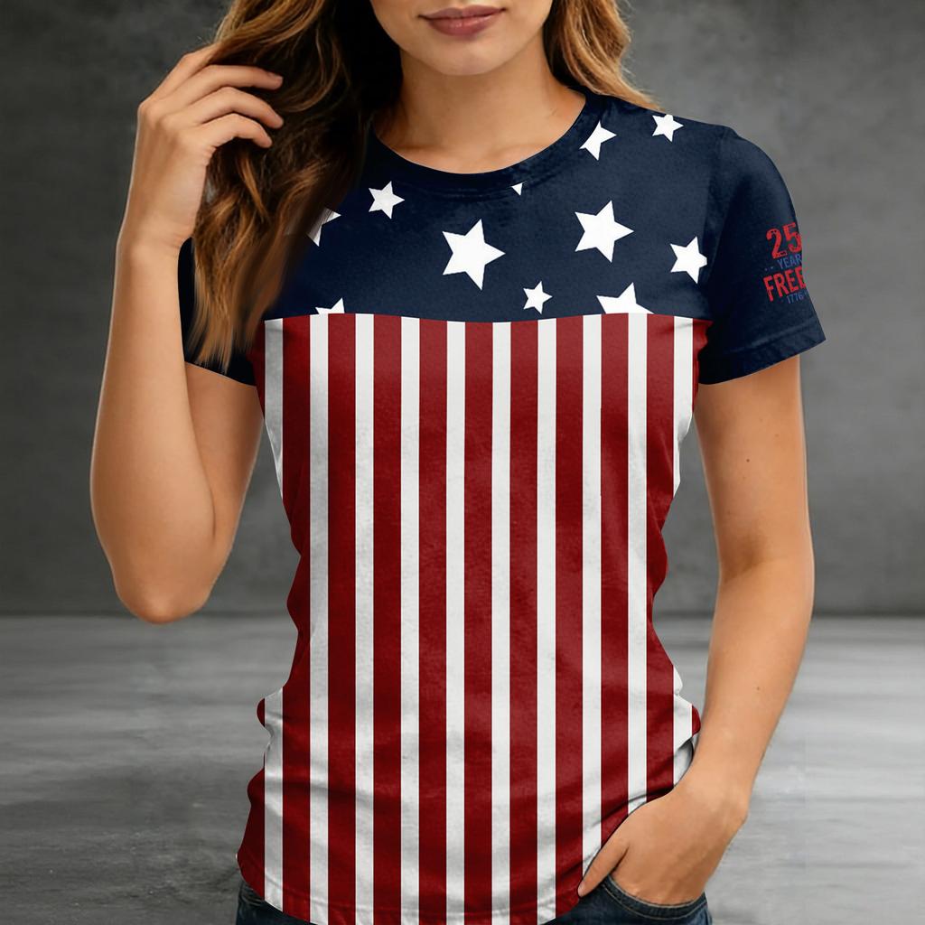 Women's Short-sleeved Top, Casual Slim Fit Women's Round Neck Short-sleeved Printed Shirt