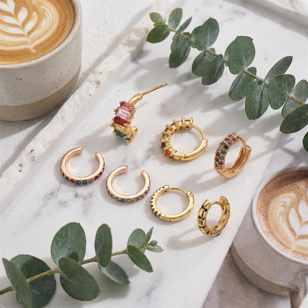 Y2K Aesthetic Rainbow Earring Set for Women Multicolor Zircon Huggie Hoops Cartilage Ear Cuff Summer Festival Party Jewelry